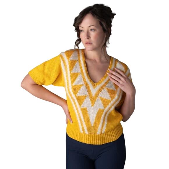 Vintage Nannell Yellow White Sweater S Angora Knit Puff Sleeve Grandmacore Top - Picture 1 of 6